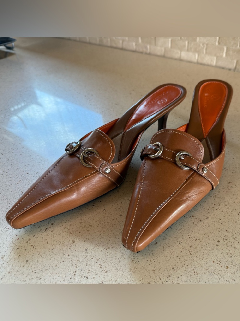 Cole Haan Brown Leather Kitten Heel Mules with Silver Buckle - Picture 4 of 6